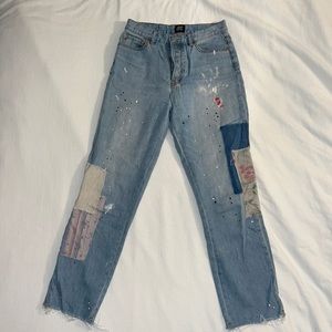 URBAN OUTFITTERS- high rise, slim straight, abstract patchwork + painted jeans